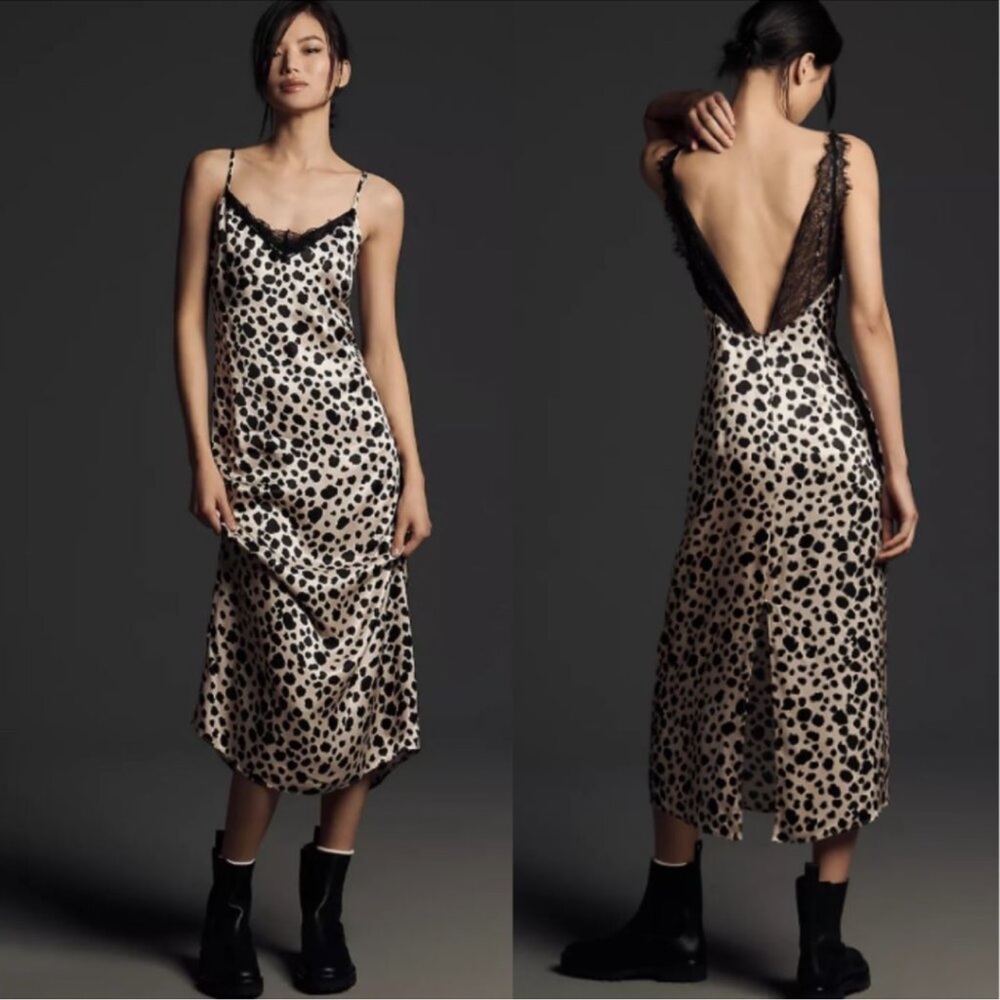 Anthropologie NWT leopard print silky maxi dress black lace
Trim
